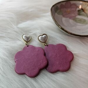 Polymer Clay Heart and Flower Drop Earrings in Pink and Gold